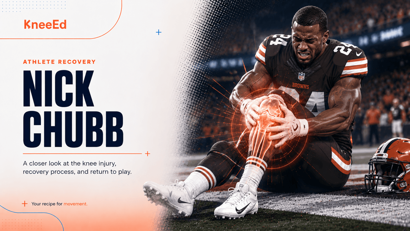 Editorial illustration of Nick Chubb kneeling on the field in his Cleveland Browns number 24 jersey, gripping his left knee, with KneeEd brand wordmark and a coral motion glow around the joint.