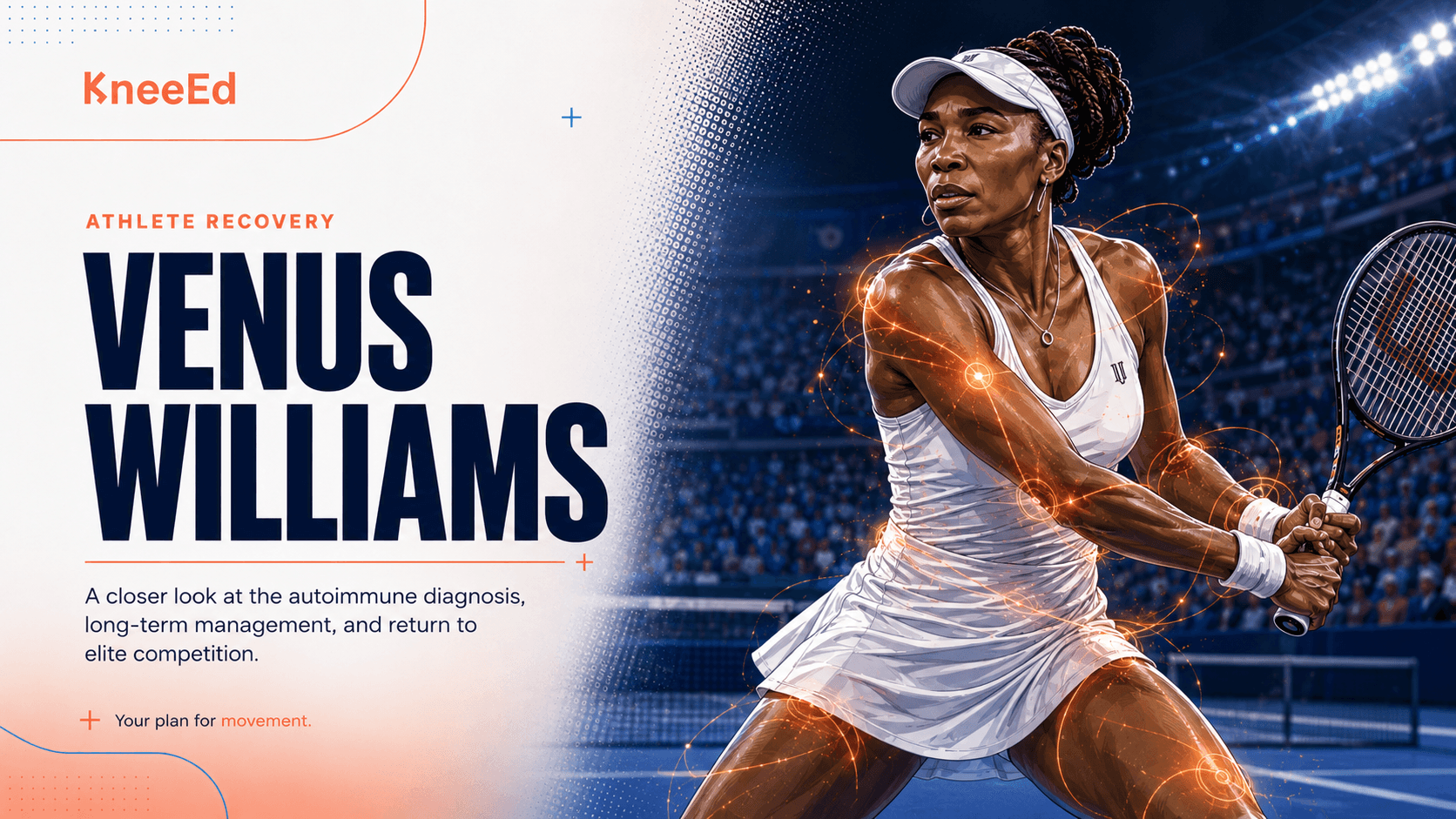Editorial illustration of Venus Williams loading into a two-handed backhand in a white tennis dress, with the KneeEd brand wordmark and a coral motion glow tracing her arm and torso.